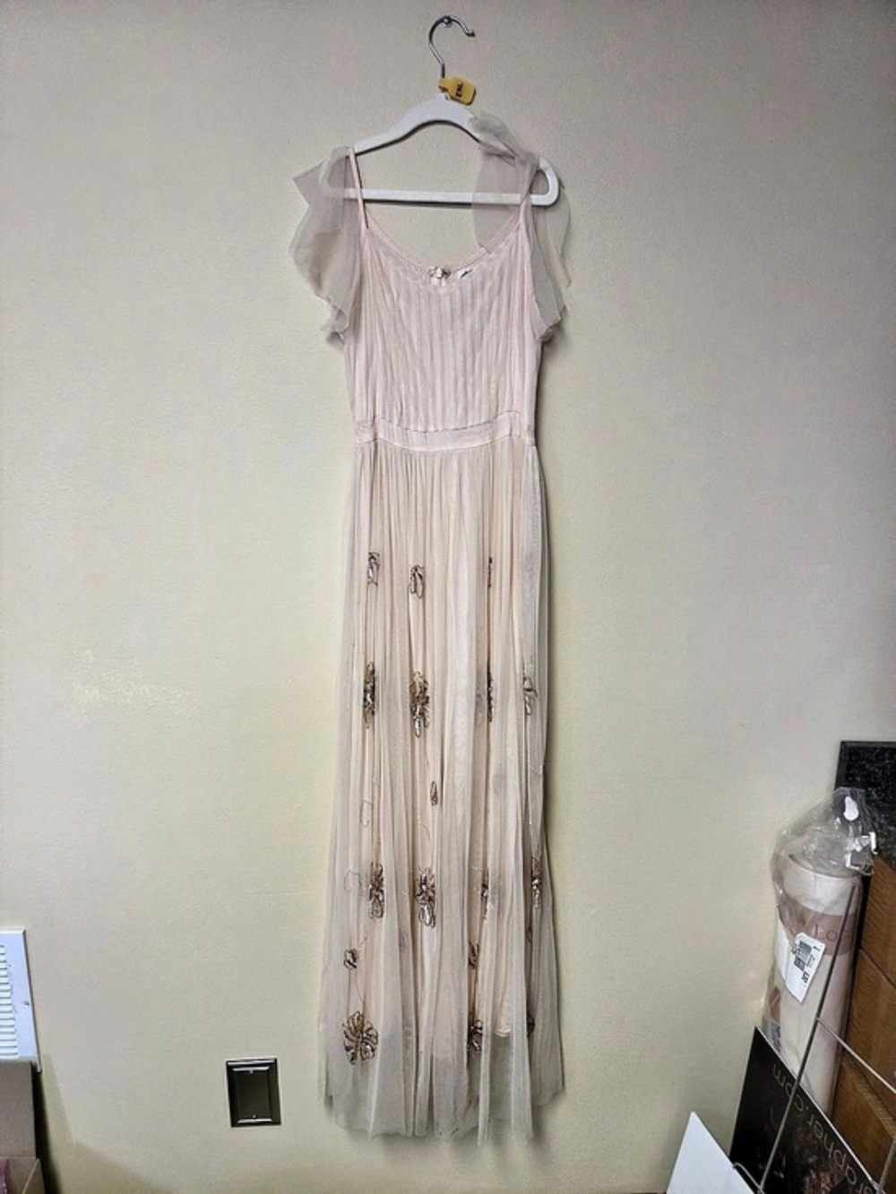 Joyfolie Embroidered Sheer Maxi Dress in Rose Gold, Size 12